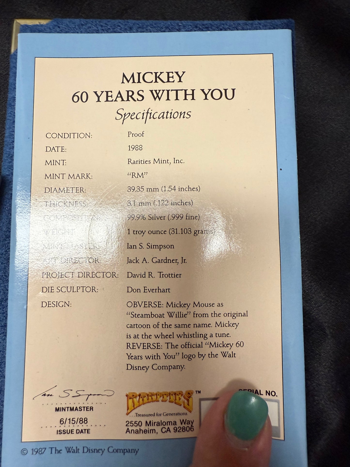 Limited 60 Year Mickey Commemorative 99.9% Silver Proof Coin Excellent Condition
