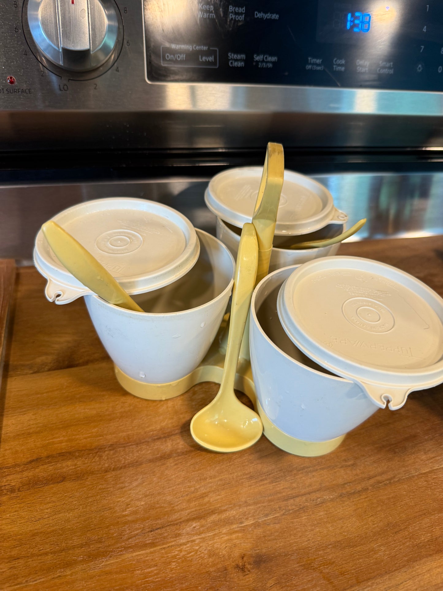 Tupperware 3 Dish Condiments bowl set w/ removable holder Vintage