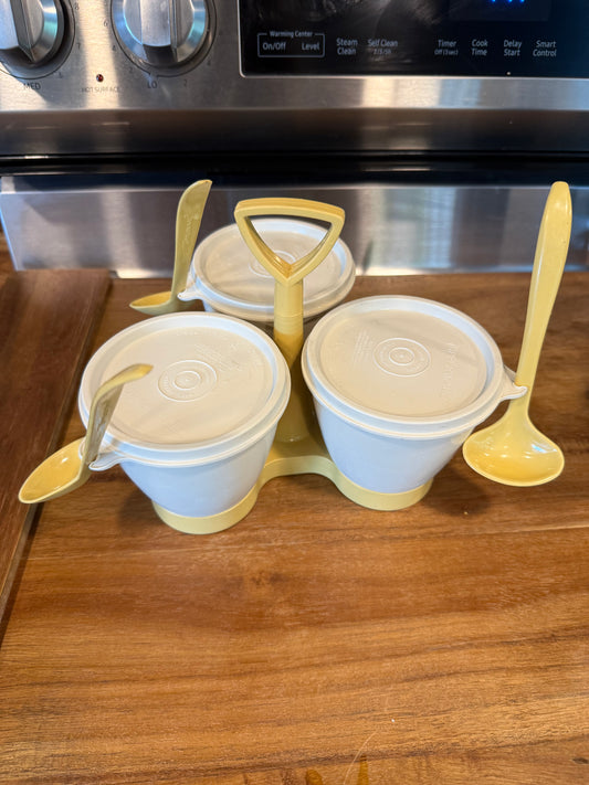 Tupperware 3 Dish Condiments bowl set w/ removable holder Vintage