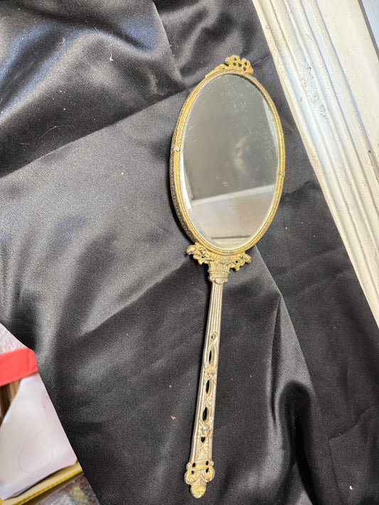 Vintage Gold Plated Hand Held Mirror W/rose emblem Art Deco