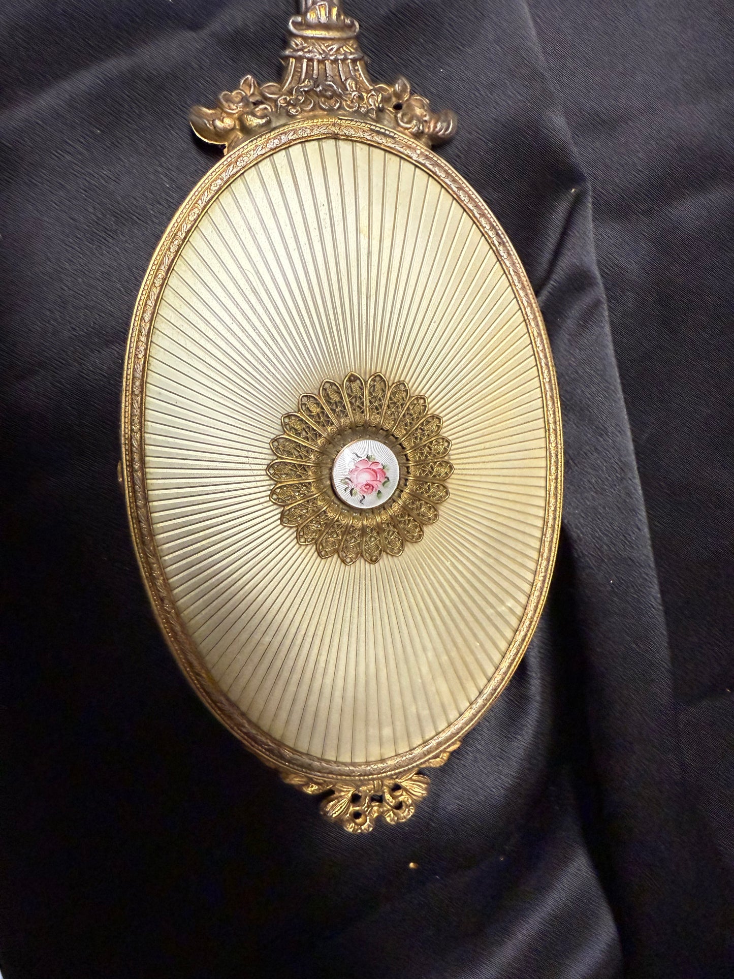Vintage Gold Plated Hand Held Mirror W/rose emblem Art Deco